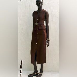 Zara Brown Midi Dress with Gold Accents